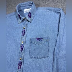 Vintage Floral Embroidered Denim Shirt Womens XL Cottagecore Grandma Lavender